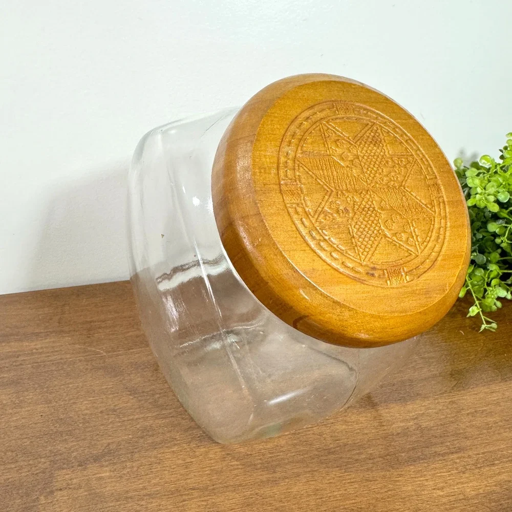 Vintage Hexagon Glass Storage Container with Wooden Lid Star Design Country